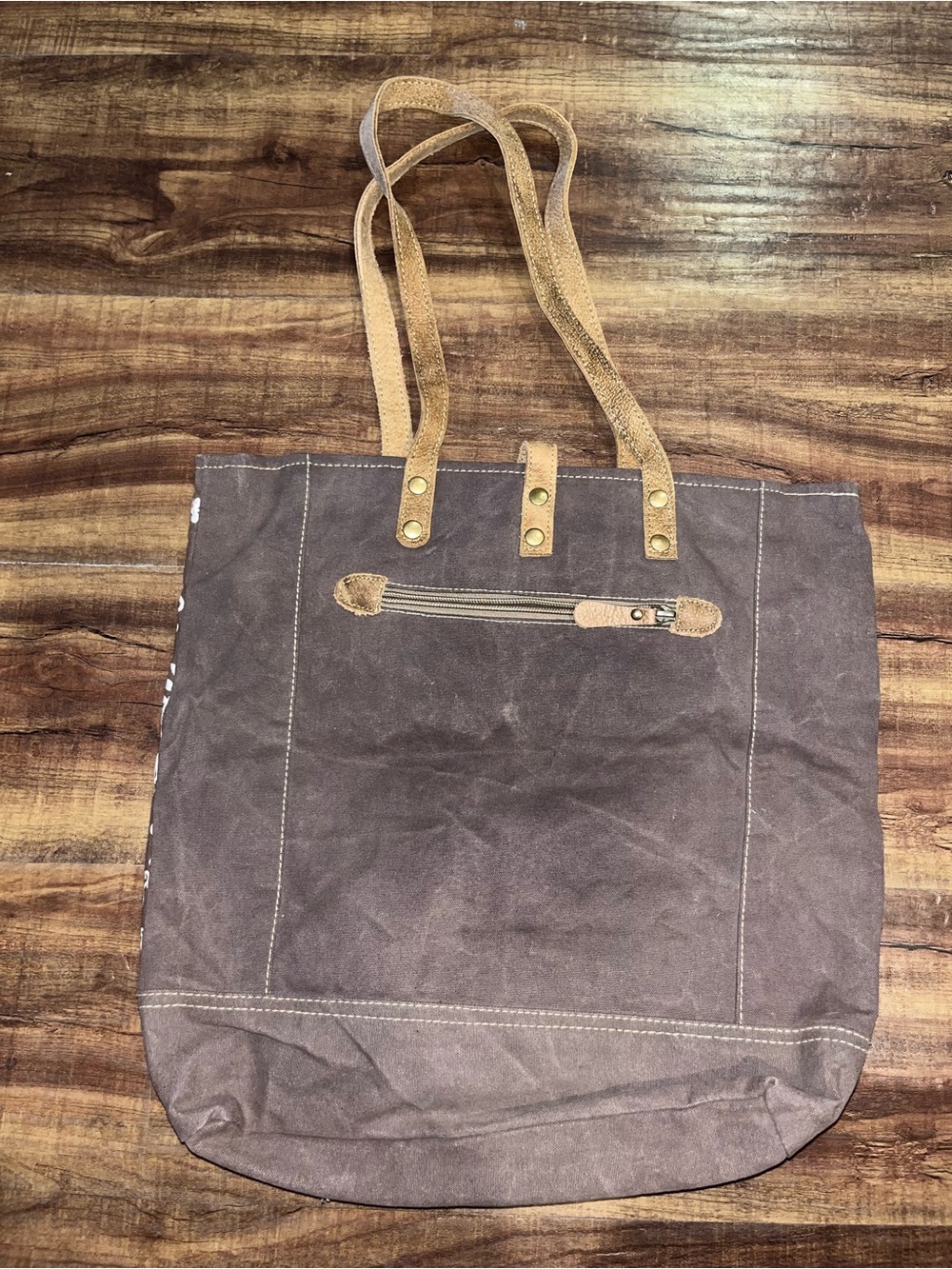 Myra Bag Canvas Large Floral Tote Bag with Tan Trim - Picture 3 of 5